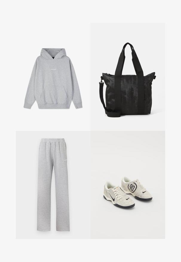 Γκρι φούτερ με κουκούλα, κατασκευασμένο από μείγμα βαμβακιού, με μπροστινή τσέπη και ριμπ μανσέτες. Η λέξη "PEGADORE" εμφανίζεται στο στήθος σε λευκό χρώμα.; Ανοιχτό γκρίζες φόρμες με ελαστική μέση, ίσια γραμμή και μικρό λευκό λογότυπο στο αριστερό μηρό. Μαλακό, υφασμάτινο ύφασμα.; Nike αθλητικά παπούτσια με μπεζ και γκρί υφή, μαύρες λεπτομέρειες, μεγάλο λογότυπο "90" και λευκό κορδόνι. Μαύρη σόλα.; Μαύρη τσάντα tote με υφασμάτινη υφή, διπλές πάνω λαβές και αποσπώμενος ιμάντας. Διαθέτει κλείσιμο με φερμουάρ για ασφαλή αποθήκευση.