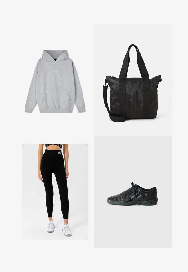 Szürke kapucnis pulóver pamut keverékből, elülső zsebbel és bordázott mandzsettákkal. A "PEGADORE" felirat fehér színben látható a mellkason.; Fekete bordás leggings magas derekú, logóval, fehér sportcipővel párosítva, amely fitted dizájnt és puha textúrát mutat.; Fekete bőr sportcipő steppelt mintával, kerek orral, fűzős elülső résszel és gumitalppal. Diszkrét márkajelzéssel az oldalon.; Fekete tote táska texturált anyagból, dupla felső fogantyúval és levehető vállpánttal. Zippzáras záródással biztosítja a biztonságos tárolást.
