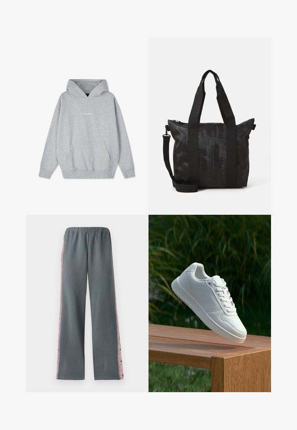 Szürke kapucnis pulóver pamut keverékből, elülső zsebbel és bordázott mandzsettákkal. A "PEGADORE" felirat fehér színben látható a mellkason.; Szürke joggingnadrág, rugalmas derékkal, széles lábakkal és színes mintás díszítéssel az oldalán. Puha, kényelmes anyagból készült.; Fehér sportcipő sima szintetikus felsőrésszel, perforált lábujjrész, lapos fűzőkkel és texturált talppal, fából készült felületen kihelyezve.; Fekete tote táska texturált anyagból, dupla felső fogantyúval és levehető vállpánttal. Zippzáras záródással biztosítja a biztonságos tárolást.