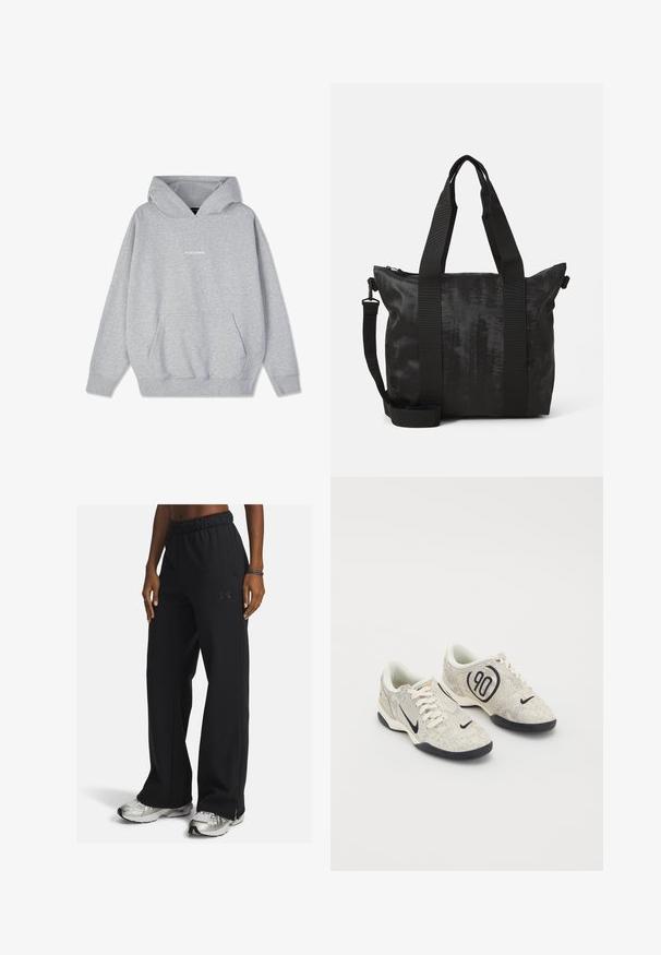 Grau Hoodies aus Baumwollmischung, mit einer Fronttasche und gerippten Bündchen. Das Wort "PEGADORE" in Weiß auf der Brust abgebildet.; Schwarze Jogginghosen mit einem elastischen Bund, Seiten- taschen und einem kleinen Logo am linken Oberschenkel, aus einem weichen, strukturierten Stoff.; Nike-Sneaker mit einem beigen und grauen texturierten Obermaterial, schwarzen Akzenten, einem großen "90"-Logo und einer weißen Schnürverschluss. Schwarze Sohle.; Schwarze Tote-Tasche aus strukturiertem Stoff, mit zwei oberen Griffen und einem abnehmbaren Schultergurt. Sie verfügt über einen Reißverschluss für sicheren Stauraum.