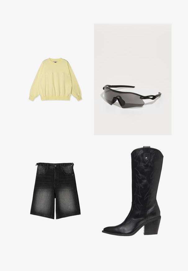 10DAYS LOGO - Sweatshirt - pastel yellow; Sorte denim shorts med en falmet finish, fem lommer, knaplukning og bæltestropper. Stoffet har en glat overflade.; Sort læder cowboy støvle med spidse tå, høj hæl og dekorativ syning i lynmønster langs skaftet.; Sports solbriller med en hel wrap-around rammekonstruktion i sort plast, mørke tonede linser og et karakteristisk vinklet design. Fleksible ørearme for komfort.