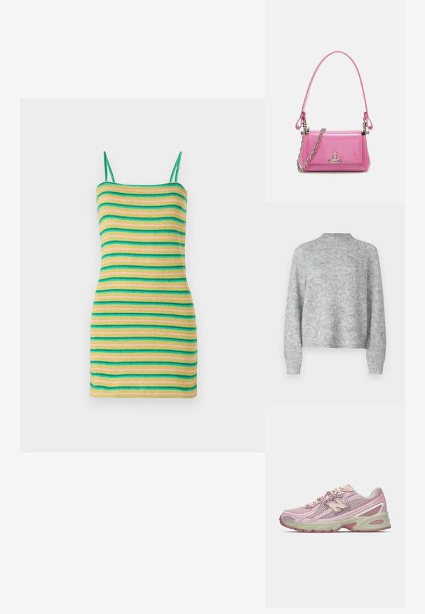 Heled halli kivipesu, millel on kõrge kaelus, pikad varrukad ja vabam lõige. Valmistatud tekstuurse kudumise kangast, millel on peened värvimuutused.; Triibuline kleit õhukeste rihmadega, millel on rohelised, kollased ja roosa horisontaalsed triibud. Valmistatud pehmest, ribakujulisest kangast, millel on keha jääv siluett.; Roosa ja beež New Balance 740 sneaker, millel on võrkkattega ja sünteetilisest materjalist ülemine osa, paelaga kinnitus ja pehme tallaga, kujutatud külgprofilis.; Roosa sädelev nahast käekott ristkülikukujulise disainiga, eemaldatava ahelkandega ning hõbedaste detailidega esifailil.