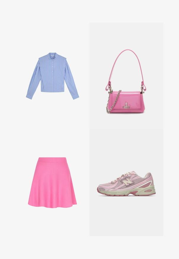 Lysegrå sweater med høj hals, lange ærmer og en løs pasform. Fremstillet af struktureret strikstof med subtile farvevariationer.; Blå- og hvidstribet langærmet skjorte med rund krave, knapper ned foran og struktureret skuldredesign.; Lyserød strikket nederdel med en tætsiddende talje og a-formet design, lavet af blødt stof, der tilføjer en glat tekstur.; Rosa og beige New Balance 740 sneakers med mesh og syntetisk overdel, snørrelukning og polstret sål vist i sideprofil.; Rosa patentlæder håndtaske med rektangulær form, aftagelig kædestaft og sølvhardwaredetalje på forsiden.