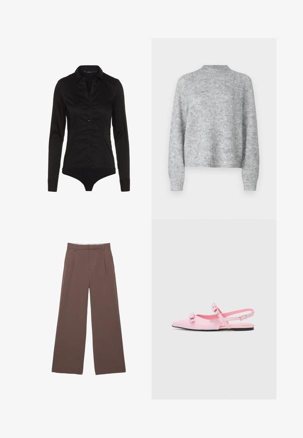Lichtgrijze trui met hoge nek, lange mouwen en een losse pasvorm. Gemaakt van een textuur gebreide stof met subtiele kleurvariaties.; Zwarte lange mouw bodysuit met een kraaghalslijn, knoopsluiting aan de voorkant en een getailleerd ontwerp. Gemaakt van een gladde stof met een stijlvolle afwerking.; Wijde broek in een effen bruine stof, met een zachte textuur, voorplooien en een op maat gemaakte tailleband. Geen zichtbare logo's of patronen.; Roze, platte slingback schoenen met een spitse neus en twee decoratieve strikken. Glad synthetisch materiaal, minimalistisch ontwerp en een dunne enkelband.