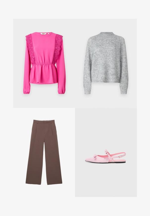 Pull léger gris clair avec un col cheminée, des manches longues et une coupe décontractée. Fabriqué en tissu tricoté texturé avec des variations de couleur subtiles.; Haut fuchsia à manches longues avec des détails en dentelle sur les épaules, taille froncée et tissu texturé. Encolure ronde avec des poignets élastiques.; Pantalon large en tissu marron uni, avec une texture lisse, des plis à l'avant et une taille ajustée. Pas de logos ni de motifs visibles.; Des chaussures slingback plates roses, à bout pointu et deux nœuds décoratifs. Matériau synthétique lisse, design minimaliste et une fine bride autour de la cheville.