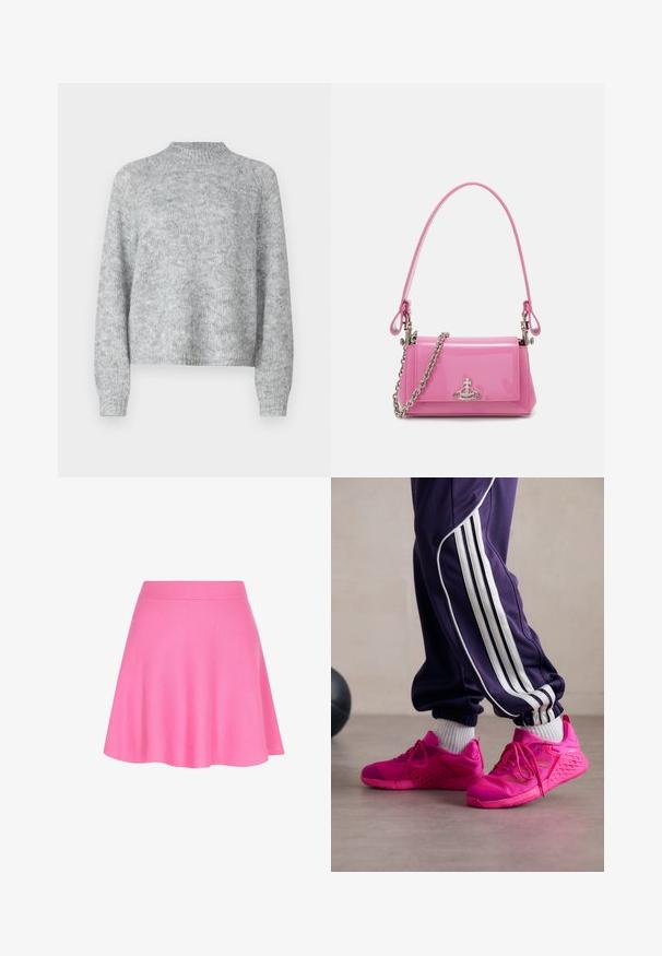 Šviesiai pilkas megztinis su aukštu kaklu, ilgomis rankovėmis ir laisvu siluetu. Pagamintas iš tekstūruoto mezginio audinio su subtiliais spalvų pokyčiais.; Rožinė megzta sijonas su prigludusia juosta ir išplatintu dizainu, pagamintas iš minkštos medžiagos, kuri suteikia glotnų paviršių.; Rožinės sportinės bateliai su tinklelio ir gumos medžiagomis, turintys tekstūruotą padą, raištelius ir lengvą dizainą. Suderinti su violetinės spalvos sportinėmis kelnėmis.; Rožinė patentuota odinė rankinė stačiakampio formos, su nuimamą grandinėlę ir sidabro spalvos detalėmis priekyje.