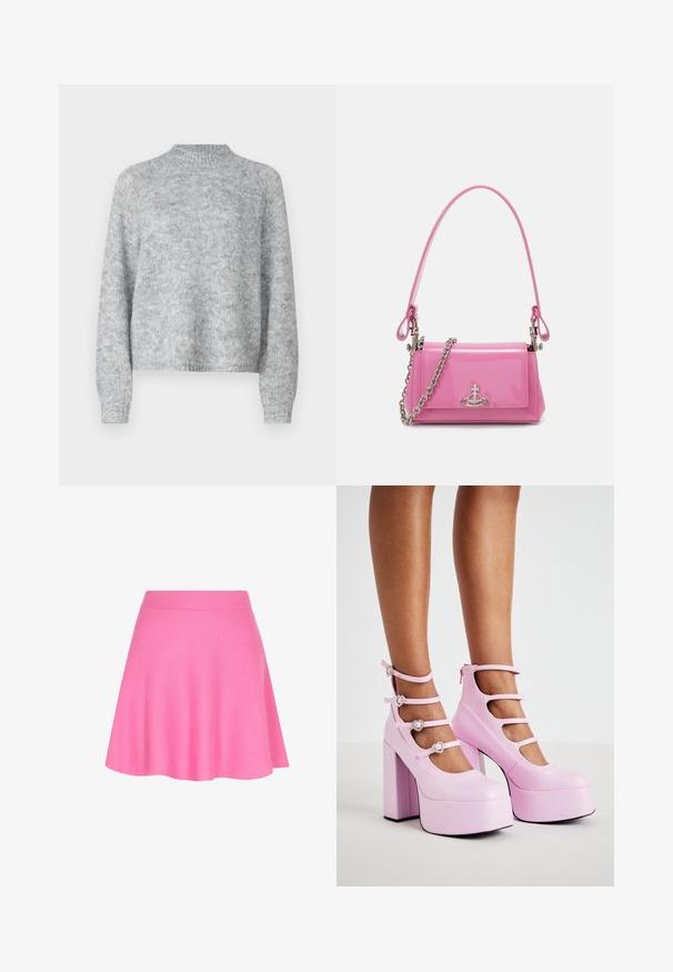 Jasnoszary sweter z wysokim kołnierzem, długimi rękawami i luźnym krojem. Wykonany z teksturowanej dzianiny o subtelnych odmianach koloru.; Różowa dzianinowa spódnica z dopasowanym paskiem w talii i rozkloszowanym krojem, wykonana z miękkiego materiału, który dodaje gładkiej faktury.; Koi Footwear PEARL DEWDROP PLATFORM HEELS różowy; Różowa torebka z lakierowanej skóry o prostokątnym kształcie, z odpinanym łańcuchem i srebrnymi detalami z przodu.