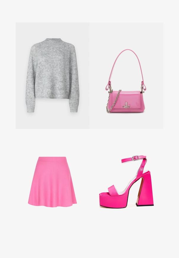 Vaaleanharmaa neulepusero, jossa on korkea kaulus, pitkät hihat ja löysä istuvuus. Valmistettu teksturoidusta neulekankaasta, jossa on hienovaraisia värivaihteluita.; Vaaleanpunainen neulottu hame, jossa on istuva vyötärö ja levenevä muotoilu, valmistettu pehmeästä kankaasta, joka lisää sileää tekstuuria.; Vaaleanpunaiset platform-sandaalit laajalla neliskulmaisella korolla, nilkkaremmillä, sileällä pinnalla ja avonaisella varvalla. Solkikoriste nilkassa.; Vaalea vaaleanpunainen lakattu nahkakäsilaukku, jossa on suorakulmainen muoto, irrotettava ketjun olkaimet ja hopeiset yksityiskohdat edessä.