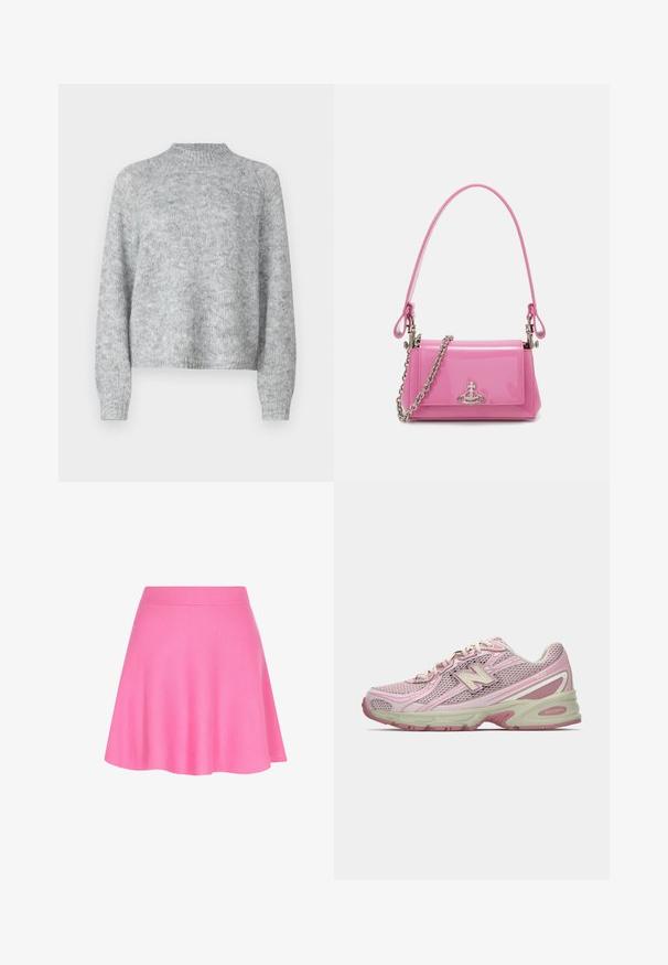 Heled halli kivipesu, millel on kõrge kaelus, pikad varrukad ja vabam lõige. Valmistatud tekstuurse kudumise kangast, millel on peened värvimuutused.; Roosa kudumiskleit, millel on vormitud vöökoht ja laienev disain, tehtud pehmest kangast, mis lisab siledat tekstuuri.; Roosa ja beež New Balance 740 sneaker, millel on võrkkattega ja sünteetilisest materjalist ülemine osa, paelaga kinnitus ja pehme tallaga, kujutatud külgprofilis.; Roosa sädelev nahast käekott ristkülikukujulise disainiga, eemaldatava ahelkandega ning hõbedaste detailidega esifailil.