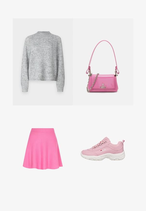 Svetlošedý sveter s vysokým krkom, dlhými rukávmi a voľným strihom. Vyrobený z textúrovanej pleteniny so subtílnymi farebnými variáciami.; Ružová pletená sukňa s priliehavým pásom a rozšíreným strihom, vyrobená z jemnej látky, ktorá pridáva hladkú textúru.; Ružová teniska s hladkým syntetickým zvrškom, bielou gumovou podrážkou, šnurovací konštrukciou a logom FILA na boku. Má úchytku na päte.; Ružový lesklý kožený kabelka s obdĺžnikovým tvarom, odnímateľným reťazovým popruhom a striebornými kovovými detailmi na prednej strane.