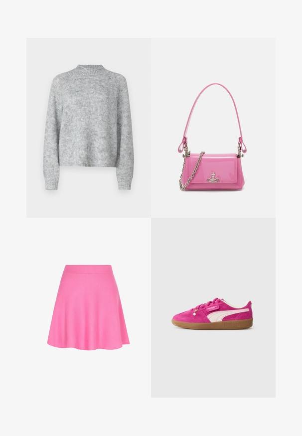 Pull léger gris clair avec un col cheminée, des manches longues et une coupe décontractée. Fabriqué en tissu tricoté texturé avec des variations de couleur subtiles.; Jupe en tricot rose avec une taille ajustée et un design évasé, fabriquée dans un tissu doux qui ajoute une texture lisse.; Baskets Puma en daim rose vif avec bande latérale blanche, semelle en caoutchouc et perle décorative sur les lacets, sur fond gris clair.; Sac à main en cuir verni rose, de forme rectangulaire, avec une bandoulière en chaîne amovible et des détails en métal argenté à l'avant.