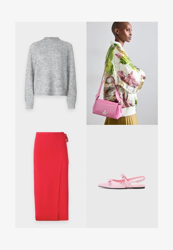 Svetle šedý svetr s vysokým límcem, dlouhými rukávy a volným střihem. Vyrobeno z texturované pleteniny s jemnými barevnými variacemi.; Červená žebrovaná pletená midi sukně s bočním rozparkem, s detailem na zavázání v pase. Hladká textura s přiléhavým střihem.; Růžové ploché lodičky na zapínání s špičatou špičkou a dvěma dekoračními mašlemi. Hladký syntetický materiál, minimalistický design a tenký pásek kolem kotníku.; Prošívaná květinová bomberka v zelené, růžové a béžové barvě; kombinovaná s lesklou růžovou kabelkou s řetízkem a kovovým logem.