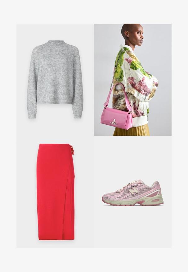 Light grey sweater with a high neck, long sleeves, and a loose fit. Made of textured knit fabric with subtle variations in color.; Red ribbed knit midi skirt with a side slit, featuring a tie detail at the waist. Smooth texture with a fitted silhouette.; Pink and beige New Balance 740 sneaker with mesh and synthetic upper, lace-up closure, and cushioned sole shown in side profile.; Quilted floral bomber jacket in green, pink, and beige; paired with a glossy pink handbag featuring a chain strap and logo hardware.