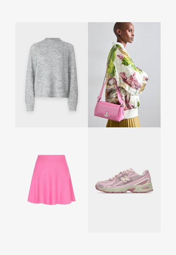 Hellgrauer Pullover mit hohem Kragen, langen Ärmeln und lockerer Passform. Aus strukturiertem Strickstoff mit subtilen Farbschattierungen gefertigt.; Rosa Strickrock mit einem taillierten Bund und schwingendem Design, aus weichem Material gefertigt, das eine glatte Textur verleiht.; Rosa und beige New Balance 740 Sneaker mit Obermaterial aus Mesh und Synthetik, Schnürverschluss und gepolsterter Sohle, seitlich dargestellt.; Quilted Blumen-Bomberjacke in Grün, Pink und Beige; kombiniert mit einer glänzenden pinken Handtasche mit Kettenriemen und Logohardware.