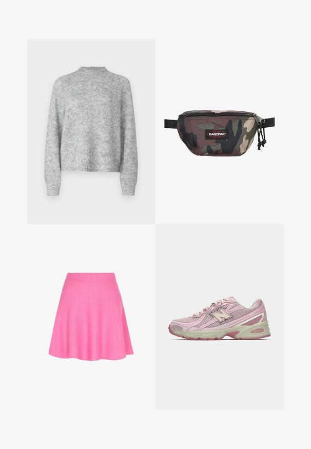 Maglione grigio chiaro con collo alto, maniche lunghe e vestibilità ampia. Realizzato in un tessuto a maglia strutturata con leggere variazioni di colore.; Gonna rosa a maglia con fascia in vita aderente e design svasato, realizzata in un tessuto morbido che conferisce una consistenza liscia.; Sneaker New Balance 740 in rosa e beige con tomaia in mesh e sintetico, chiusura con lacci e suola imbottita, mostrato in profilo laterale.; Marsupio camouflage realizzato in tessuto resistente, caratterizzato da una chiusura con zip, una tracolla regolabile e un'etichetta rossa con il logo Eastpak sul davanti.