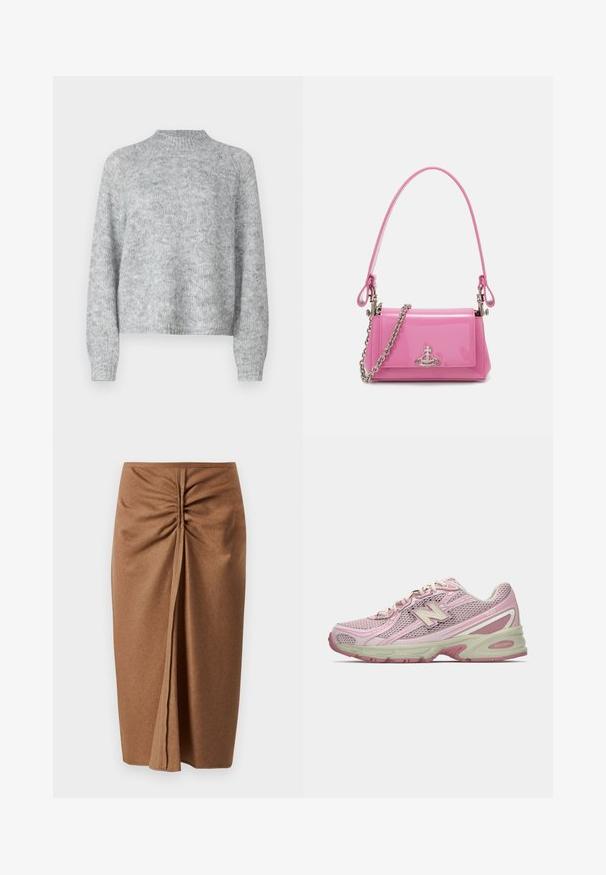 Ljust grå tröja med hög krage, långa ärmar och en lös passform. Tillverkad av en texturerad stickad tyg med subtila färgvariationer.; Brun midikjol med en mjuk textur, med sidofåll och en framklippning. Enkel design med en slät finish och inga utsmyckningar.; Rosa och beige New Balance 740-sneaker med överdel i mesh och syntetmaterial, snörning och dämpad sula, visad i sidoprofil.; Rosa lackläderhandväska med rektangulär form, avtagbar kedjestropp och detaljer i silver på framsidan.