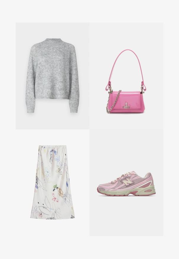 Suéter gris claro con cuello alto, mangas largas y un corte holgado. Hecho de un tejido de punto texturizado con variaciones sutiles en el color.; Desigual WITH STROKES - Falda larga - beige; Zapatilla New Balance 740 en color rosa y beige con parte superior de malla y sintético, cierre con cordones y suela acolchada, mostrada en perfil lateral.; Bolso de mano de charol rosa con forma rectangular, correa de cadena desmontable y detalle de hardware en plata en la parte frontal.
