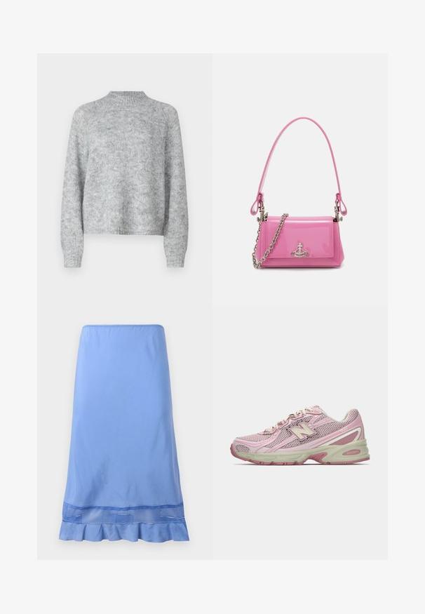 Svetle šedý svetr s vysokým límcem, dlouhými rukávy a volným střihem. Vyrobeno z texturované pleteniny s jemnými barevnými variacemi.; Světle modrá sukně ke kolenům vyrobená z hladké tkaniny, s volánkovým lemem a síťovaným zdobením blízko spodního okraje. Jednoduchý design na překlouznutí.; Růžové a béžové tenisky New Balance 740 s vrchní částí z polyesteru a syntetiky, se šněrováním a polstrovanou podrážkou zobrazené z boku.; Růžová lakovaná kabelka obdélníkového tvaru, odnímatelný řetízkový popruh a stříbrné kovové detaily na přední straně.