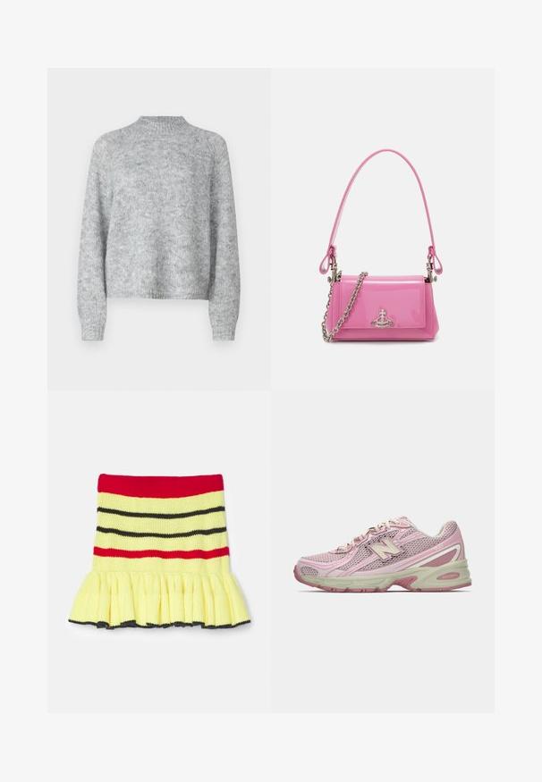 Ljust grå tröja med hög krage, långa ärmar och en lös passform. Tillverkad av en texturerad stickad tyg med subtila färgvariationer.; Stickad kjol i gult med röda, svarta och mörkgrå ränder. Har en volang i fållen och ribbad textur vid midjan.; Rosa och beige New Balance 740-sneaker med överdel i mesh och syntetmaterial, snörning och dämpad sula, visad i sidoprofil.; Rosa lackläderhandväska med rektangulär form, avtagbar kedjestropp och detaljer i silver på framsidan.