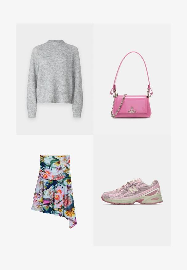 Pulover gri deschis cu guler înalt, mâneci lungi și croială lejeră. Fabricat dintr-un material tricotat texturat cu variații subtile de culoare.; Fustă înflorită dintr-un material ușor, cu culori vibrante, tiv asimetric și o combinație de modele cu pești și flori.; Adidașii New Balance 740 în nuanțe de roz și bej, cu un superior din plasă și material sintetic, cu sistem de închidere cu șireturi și talpă cu amortizare, prezentați în profil lateral.; Geantă de mână din piele patent roz, cu formă rectangulară, curea cu lanț detașabil și detalii din metal argintiu pe față.