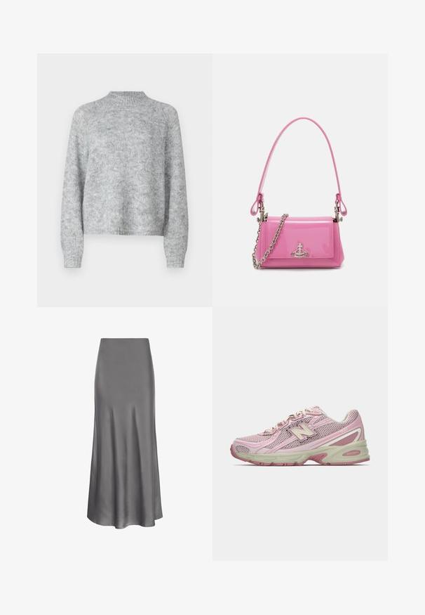 Light grey sweater with a high neck, long sleeves, and a loose fit. Made of textured knit fabric with subtle variations in color.; Moves HEBRY - Maxi skirt - castlerock; Pink and beige New Balance 740 sneaker with mesh and synthetic upper, lace-up closure, and cushioned sole shown in side profile.; Pink patent leather handbag with a rectangular shape, detachable chain strap, and silver hardware detail on the front.