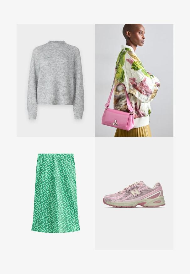 Maglione grigio chiaro con collo alto, maniche lunghe e vestibilità ampia. Realizzato in un tessuto a maglia strutturata con leggere variazioni di colore.; Gonna con stampa floreale verde, realizzata in un materiale leggero. Presenta piccoli fiori bianchi su uno sfondo uniforme, disegnata in una silhouette dritta.; Sneaker New Balance 740 in rosa e beige con tomaia in mesh e sintetico, chiusura con lacci e suola imbottita, mostrato in profilo laterale.; Giacca bomber foderata a fiori in verde, rosa e beige; abbinata a una borsa lucida rosa con catena e hardware logo.