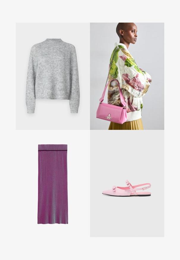 Vaaleanharmaa neulepusero, jossa on korkea kaulus, pitkät hihat ja löysä istuvuus. Valmistettu teksturoidusta neulekankaasta, jossa on hienovaraisia värivaihteluita.; Polven pituinen pleated-hame, jossa on vaihtelevia sävyjä purppuran ja sinisen välin. Hameessa on kiinteä vyötärö ja pystysuuntainen raidoitus.; Vaaleanpunaiset, litteät slingback-kengät, joissa on terävä kärki ja kaksi koristeellista solmua. Sujuva synteettinen materiaali, minimalistinen muotoilu ja ohut nilkkahihna.; Vaatteena on tikkikuvioitu kukkakuosiset bomber-takki vihreänä, vaaleanpunaisena ja beigeinä; yhdistettynä kiiltävään vaaleanpunaiseen käsilaukkuun, jossa on ketjuhihna ja logokoriste.