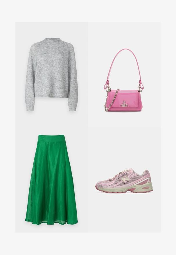 Világosszürke pulóver magas nyakkal, hosszú ujjal és laza fazonnal. Texturált kötött anyagból készült, finom színváltozatokkal.; Zöld A vonalú szoknya, könnyű anyagból készült, sima derékrésszel és olyan hullámzó fazonnal, amely a vádli közepéig ér.; Rózsaszín és bézs New Balance 740 sneaker, hálós és szintetikus felsőrésszel, fűzős záródással és párnázott talppal, oldalnézetből bemutatva.; Rózsaszín lakkbőr kézitáska téglalap alakú, levehető láncos vállpánttal és ezüst színű részletekkel az elején.