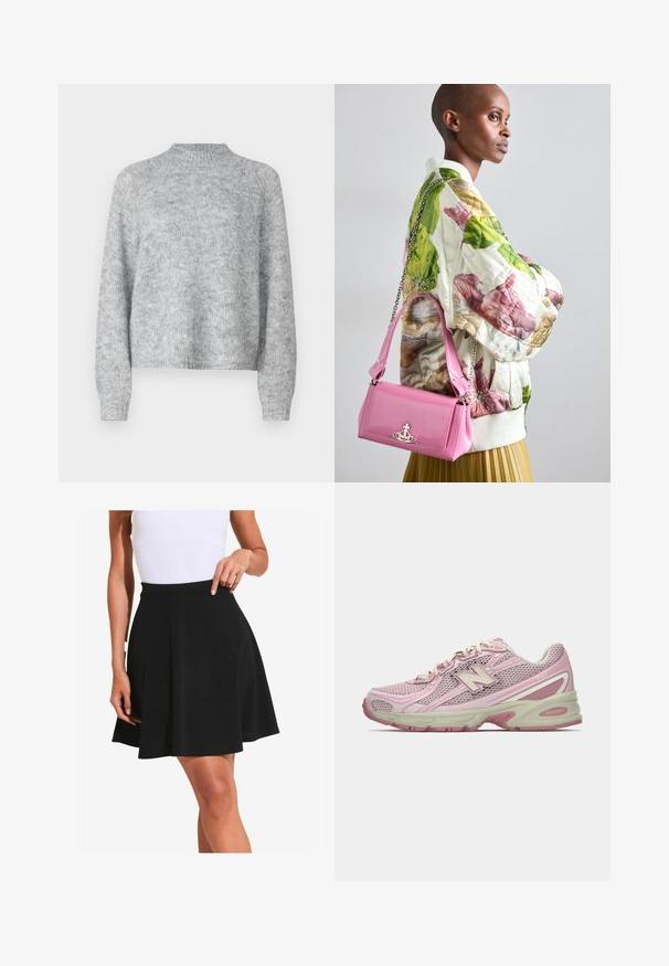 Hellgrauer Pullover mit hohem Kragen, langen Ärmeln und lockerer Passform. Aus strukturiertem Strickstoff mit subtilen Farbschattierungen gefertigt.; Schwarzer, aus weichem Stoff gefertigter, ausgestellter Rock mit glatter Textur und breitem Bund, der sanfte Falten zeigt und knielang geschnitten ist.; Rosa und beige New Balance 740 Sneaker mit Obermaterial aus Mesh und Synthetik, Schnürverschluss und gepolsterter Sohle, seitlich dargestellt.; Quilted Blumen-Bomberjacke in Grün, Pink und Beige; kombiniert mit einer glänzenden pinken Handtasche mit Kettenriemen und Logohardware.