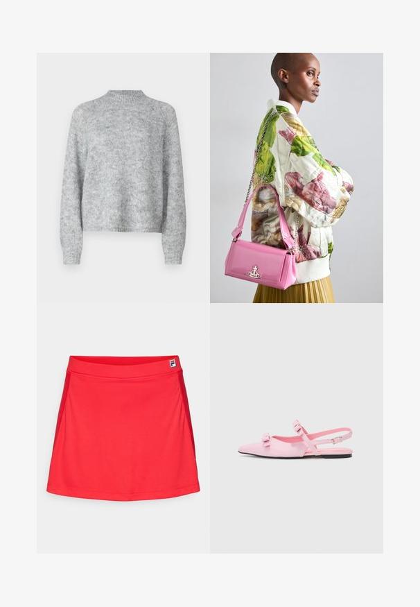 Svijetlo sivi pulover s visokim izrezom, dugim rukavima i širokim krojem. Izrađen je od teksturirane pletene tkanine s suptilnim varijacijama u boji.; Rdeča športna krila, izdelana iz gladkega, raztegljivega materiala. Ima oprijet pas in bočne šive ter majhen logotip na pasu.; Roza, ravna slingback čevlji s koničastim nosom in dvema dekorativnima mašnjama. Gladek sintetičen material, minimalističen dizajn in tanek gleženjski trak.; Quiltana bomber jakna s cvetnim vzorcem v zeleni, roza in bež barvi; v kombinaciji z sijočo roza torbico z verižnim ročajem in logotipom.