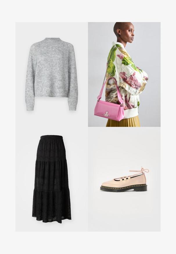 Svetle šedý svetr s vysokým límcem, dlouhými rukávy a volným střihem. Vyrobeno z texturované pleteniny s jemnými barevnými variacemi.; Černá maxi sukně vyrobená z texturované tkaniny, která má vrstvený design se nařaseným pasem a jemnými vlnitými vzory po celém povrchu.; Světle růžová kožená bota s kulatou špičkou, šněrováním a černou platformou s žlutým prošíváním.; Prošívaná květinová bomberka v zelené, růžové a béžové barvě; kombinovaná s lesklou růžovou kabelkou s řetízkem a kovovým logem.