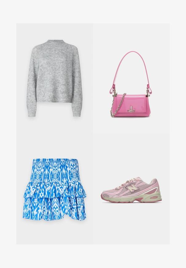 Svetle šedý svetr s vysokým límcem, dlouhými rukávy a volným střihem. Vyrobeno z texturované pleteniny s jemnými barevnými variacemi.; Sukně modro-bílé barvy s vzorem, s nařaseným pasem, vrstveným volánkovým lemem a lehkým materiálem. Obsahuje design ve stylu ikat.; Růžové a béžové tenisky New Balance 740 s vrchní částí z polyesteru a syntetiky, se šněrováním a polstrovanou podrážkou zobrazené z boku.; Růžová lakovaná kabelka obdélníkového tvaru, odnímatelný řetízkový popruh a stříbrné kovové detaily na přední straně.