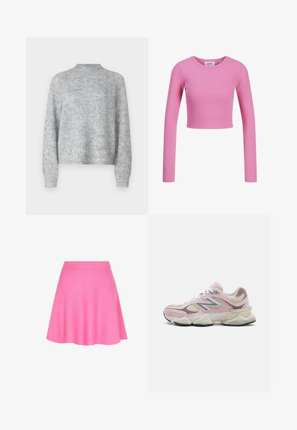 Vaaleanharmaa neulepusero, jossa on korkea kaulus, pitkät hihat ja löysä istuvuus. Valmistettu teksturoidusta neulekankaasta, jossa on hienovaraisia värivaihteluita.; Pitkähihainen, lyhyt toppi vaaleanpunaisesta ribbimateriaalista. Siinä on pyöreä pääntie ja tiukka muotoilu, joka tuntuu sileältä.; Vaaleanpunainen neulottu hame, jossa on istuva vyötärö ja levenevä muotoilu, valmistettu pehmeästä kankaasta, joka lisää sileää tekstuuria.; Vaaleanpunaiset ja kermaiset urheilukengät, joissa on nahan ja verkkomateriaalin yhdistelmä, hopeinen logo ja tekstuuriset yksityiskohdat, muotoiltu pohja ja nauhat.