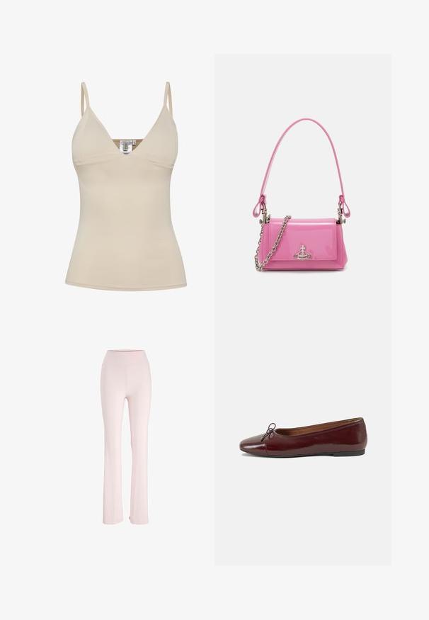 Világosszürke pulóver magas nyakkal, hosszú ujjal és laza fazonnal. Texturált kötött anyagból készült, finom színváltozatokkal.; Beige ujjatlan felső V-nyakkivágással és állítható spagetti pántokkal. Simma, rugalmas anyagból készült, amely szépen követi a test vonalát.; Pale pink, lágy, rugalmas anyagból készült, bokánál szélesedő nadrág, magas derékkal és látható minták vagy fém részek nélkül.; Burgundi lakkbőr balettcipő kerek orral, elöl kis masni díszítéssel és alacsony, fekete gumi talppal. Simára csiszolt felület.; Rózsaszín lakkbőr kézitáska téglalap alakú, levehető láncos vállpánttal és ezüst színű részletekkel az elején.