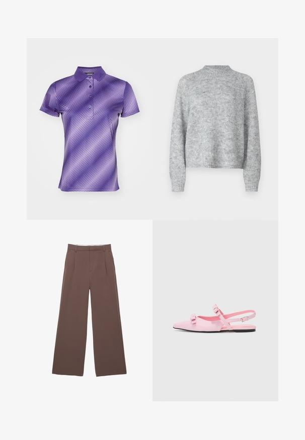 Svetlošedý sveter s vysokým krkom, dlhými rukávmi a voľným strihom. Vyrobený z textúrovanej pleteniny so subtílnymi farebnými variáciami.; Fialová polo košeľa s golierom, ktorá má diagonálne pruhy a hladkú, textúrovanú látku. Detaily s štyrmi gombíkmi na zapínaní.; Široké nohavice z pevnej hnedej látky s hladkou textúrou, prednými záhybmi a prispôsobeným pásom. Žiadne viditeľné logo ani vzory.; Ružové, ploché slingback topánky s špicatou špičkou a dvoma dekoračnými mašľami. Hladký syntetický materiál, minimalistický dizajn a tenký členkový remienok.