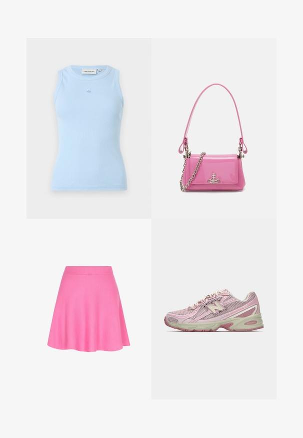 Svetlošedý sveter s vysokým krkom, dlhými rukávmi a voľným strihom. Vyrobený z textúrovanej pleteniny so subtílnymi farebnými variáciami.; Svetlomodrá rebrovaná tielko s okrúhlym výstrihom, bez rukávov a malým logom na hrudníku. Vyrobené z mäkkého a elastického materiálu.; Ružová pletená sukňa s priliehavým pásom a rozšíreným strihom, vyrobená z jemnej látky, ktorá pridáva hladkú textúru.; Ružová a béžová teniska New Balance 740 so sieťovinovým a syntetickým zvrškom, šnurovaním a polstrovanou podrážkou, zobrazená z bočného profilu.; Ružový lesklý kožený kabelka s obdĺžnikovým tvarom, odnímateľným reťazovým popruhom a striebornými kovovými detailmi na prednej strane.