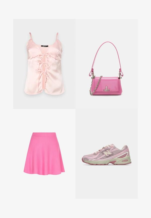 Világosszürke pulóver magas nyakkal, hosszú ujjal és laza fazonnal. Texturált kötött anyagból készült, finom színváltozatokkal.; Rózsaszín selyem alsóblúz állítható pántokkal, elöl megkötős záródással, V-nyakkivágással. Simaság és letisztult vonalak jellemzik.; Rózsaszín kötött szoknya, illeszkedő derékrésszel és harang alakú fazonnal, puha anyagból készült, amely sima textúrát ad.; Rózsaszín és bézs New Balance 740 sneaker, hálós és szintetikus felsőrésszel, fűzős záródással és párnázott talppal, oldalnézetből bemutatva.; Rózsaszín lakkbőr kézitáska téglalap alakú, levehető láncos vállpánttal és ezüst színű részletekkel az elején.