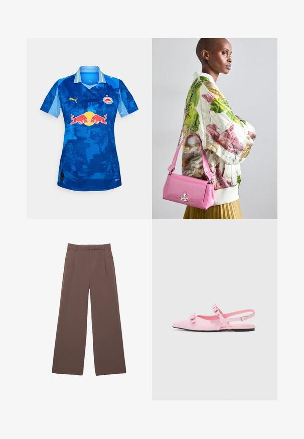Világosszürke pulóver magas nyakkal, hosszú ujjal és laza fazonnal. Texturált kötött anyagból készült, finom színváltozatokkal.; Kék rövidujjú focimez, amely fokozatos színátmenetes dizájnnal, Puma logóval, Red Bull emblémával és világoskék részletekkel ellátott gallérral rendelkezik.; Széles szárú nadrág egyszínű barna anyagból, sima textúrával, elöl pliszékkel és szabott derékpánttal. Nincsenek látható logók vagy minták.; Rózsaszín, lapos sarkú slingback cipők hegyes orral és két díszes masnival. Sima szintetikus anyag, minimalista dizájn és vékony bokapánt.; Zöld, rózsaszín és bézs színű, tűzött virágmintás bomber dzseki, fényes rózsaszín táskával párosítva, láncos pánttal és logóval ellátott hardverrel.