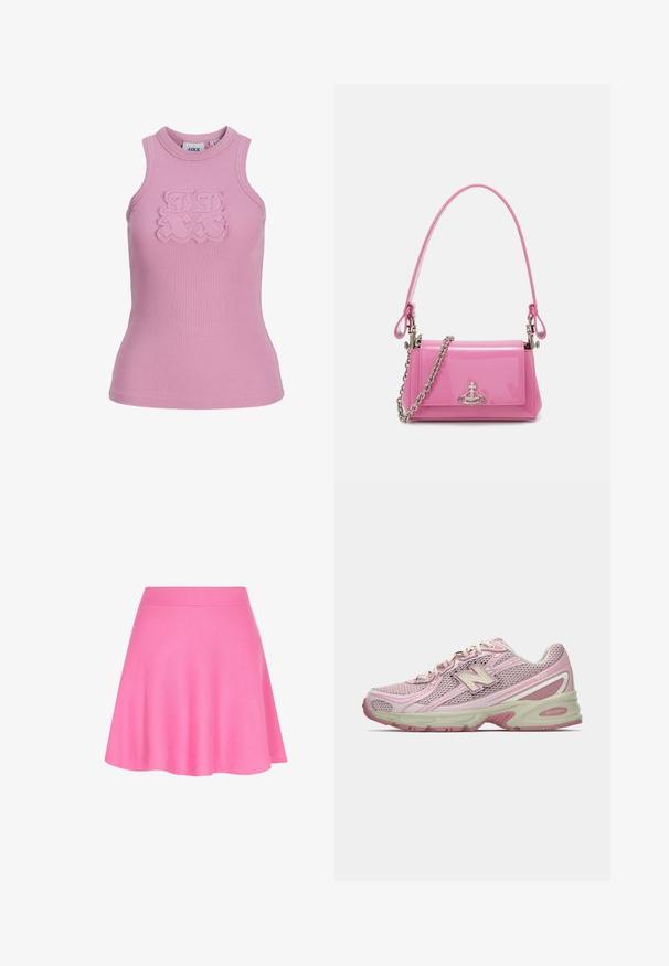 Maglione grigio chiaro con collo alto, maniche lunghe e vestibilità ampia. Realizzato in un tessuto a maglia strutturata con leggere variazioni di colore.; Top senza maniche a costine in rosa chiaro con scollatura rotonda. Presenta un dettaglio logo testurizzato sul davanti. Tessuto: morbido ed elastico.; Gonna rosa a maglia con fascia in vita aderente e design svasato, realizzata in un tessuto morbido che conferisce una consistenza liscia.; Sneaker New Balance 740 in rosa e beige con tomaia in mesh e sintetico, chiusura con lacci e suola imbottita, mostrato in profilo laterale.; Borsa a mano in pelle verniciata rosa con forma rettangolare, tracolla a catena removibile e dettaglio in hardware argentato sul davanti.