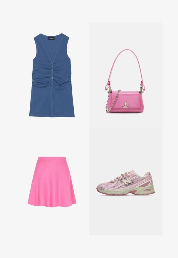 Suéter gris claro con cuello alto, mangas largas y un corte holgado. Hecho de un tejido de punto texturizado con variaciones sutiles en el color.; Top sin mangas azul hecho de un tejido suave, con un escote en V profundo, cierre de botones y detalles fruncidos en la parte delantera.; Falda de punto rosa con una cinturilla ajustada y un diseño acampanado, hecha de tejido suave que aporta una textura lisa.; Zapatilla New Balance 740 en color rosa y beige con parte superior de malla y sintético, cierre con cordones y suela acolchada, mostrada en perfil lateral.; Bolso de mano de charol rosa con forma rectangular, correa de cadena desmontable y detalle de hardware en plata en la parte frontal.