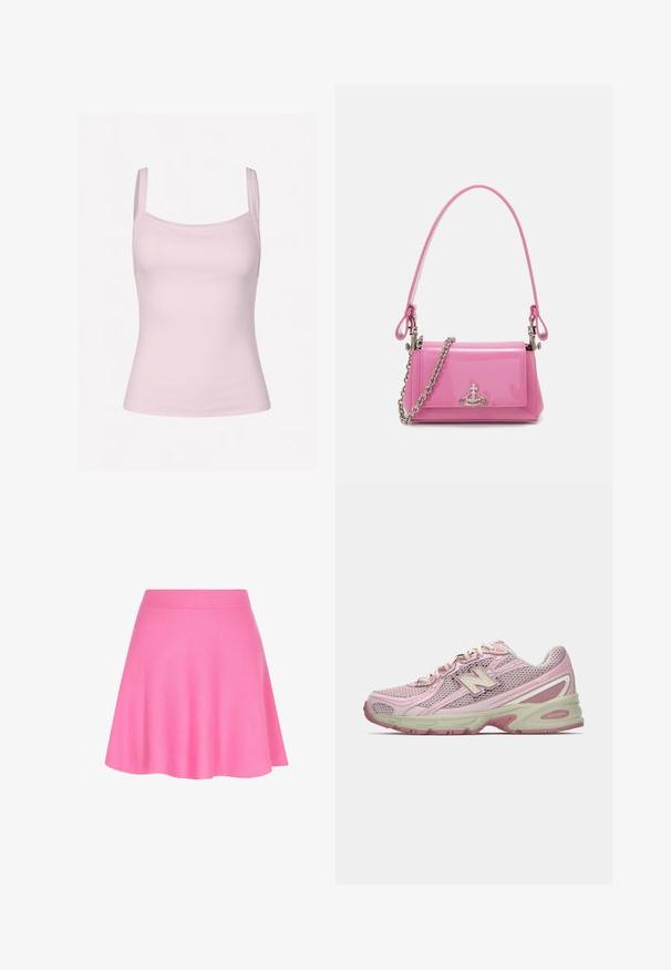 Heled halli kivipesu, millel on kõrge kaelus, pikad varrukad ja vabam lõige. Valmistatud tekstuurse kudumise kangast, millel on peened värvimuutused.; Heledan roosa rööpriba tank-top õhukeste rihmadega, mis on nahasõbralik ja sujuva tekstuuriga, sobib hästi kihitamiseks või igapäevaseks kandmiseks.; Roosa kudumiskleit, millel on vormitud vöökoht ja laienev disain, tehtud pehmest kangast, mis lisab siledat tekstuuri.; Roosa ja beež New Balance 740 sneaker, millel on võrkkattega ja sünteetilisest materjalist ülemine osa, paelaga kinnitus ja pehme tallaga, kujutatud külgprofilis.; Roosa sädelev nahast käekott ristkülikukujulise disainiga, eemaldatava ahelkandega ning hõbedaste detailidega esifailil.