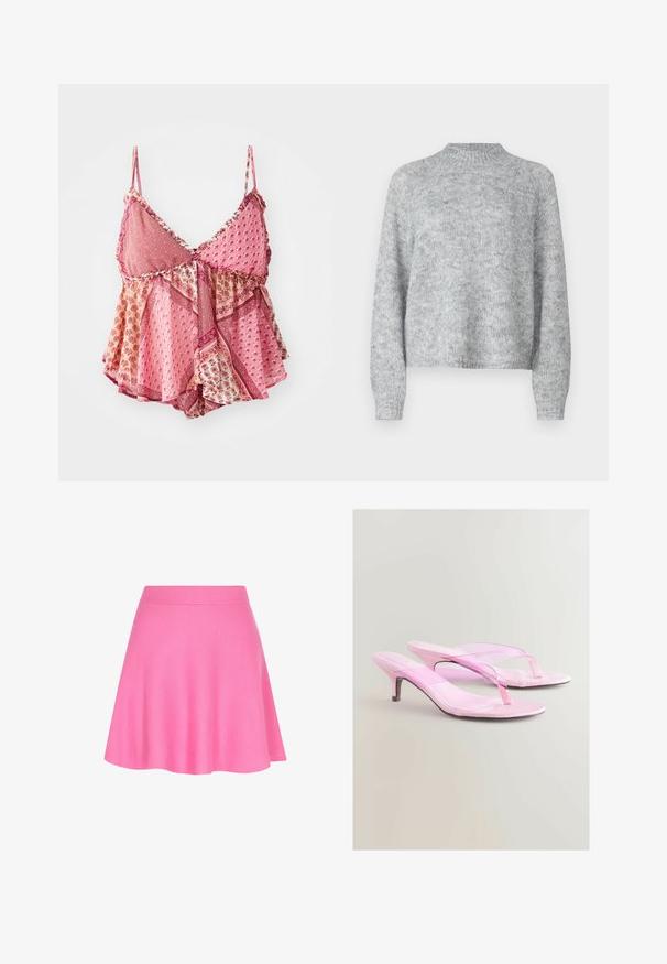 Svijetlo sivi pulover s visokim izrezom, dugim rukavima i širokim krojem. Izrađen je od teksturirane pletene tkanine s suptilnim varijacijama u boji.; Rožnata majica z vzorcem, nastavljivimi naramnicami, V-izrezom, plastehnimi volani in dekorativnimi robovi, ki vsebujejo cvetlične in geometrijske vzorce.; Roza pletena krila z ajustiranim pasom in razširjenim dizajnom, izdelana iz mehkega blaga, ki dodaja gladko teksturo.; Roza sandale na peto z sijajnim zaključkom, z obliko thong traku in ozkim kovinskim peto. Gladka tekstura in minimalistični slog.