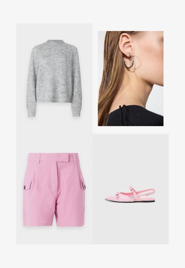 Heled halli kivipesu, millel on kõrge kaelus, pikad varrukad ja vabam lõige. Valmistatud tekstuurse kudumise kangast, millel on peened värvimuutused.; Heled roosa lühikesed püksid, millel on kohandatud disain, lamedad esiosad, küljetaskud nööbiga sulgemisega ja sile kangatekstuur.; Roosa, lamedad slingback-kingsed terava ninaga ja kahe dekoratiivse paelaga. Siledast sünteetilisest materjalist, minimalistlik disain ja õhuke pahkluu rihm.; Hõbedane rõngas kõrvarõngas poleeritud viimistlusega, millel on väikesed kuldsed aktsendid ja ümmargune kuju, kantud lobus.