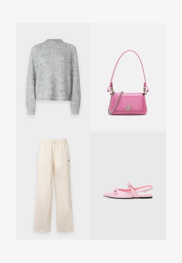 Világosszürke pulóver magas nyakkal, hosszú ujjal és laza fazonnal. Texturált kötött anyagból készült, finom színváltozatokkal.; Világos bézs, bő szárú nadrág rugalmas derekkal és kötőzsinórral. Az oldalon egy kicsi fekete logó található. Sima állagú.; Rózsaszín, lapos sarkú slingback cipők hegyes orral és két díszes masnival. Sima szintetikus anyag, minimalista dizájn és vékony bokapánt.; Rózsaszín lakkbőr kézitáska téglalap alakú, levehető láncos vállpánttal és ezüst színű részletekkel az elején.