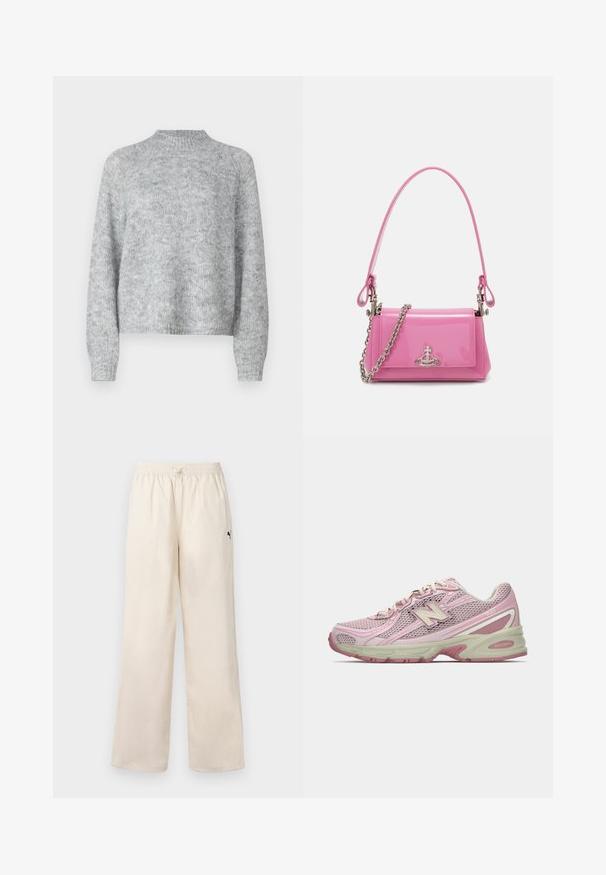 Vaaleanharmaa neulepusero, jossa on korkea kaulus, pitkät hihat ja löysä istuvuus. Valmistettu teksturoidusta neulekankaasta, jossa on hienovaraisia värivaihteluita.; Vaaleanbeiget leveät housut, joissa on joustava vyötärö ja nyöri. Sivussa on pieni musta logo. Tasainen pinta.; Vaaleanpunaiset ja beigeet New Balance 740 -lenkkarit, joissa on verkkokangas ja synteettinen päällinen, nauhakiinnitys ja pehmustettu pohja, esitettynä sivuprofiilissa.; Vaalea vaaleanpunainen lakattu nahkakäsilaukku, jossa on suorakulmainen muoto, irrotettava ketjun olkaimet ja hopeiset yksityiskohdat edessä.
