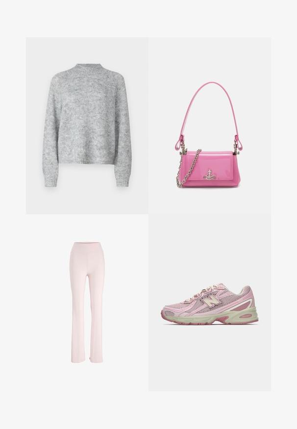 Ljust grå tröja med hög krage, långa ärmar och en lös passform. Tillverkad av en texturerad stickad tyg med subtila färgvariationer.; Ljust rosa utsvängda byxor i mjukt, stretchigt material med hög midja och utan synliga mönster eller detaljer.; Rosa och beige New Balance 740-sneaker med överdel i mesh och syntetmaterial, snörning och dämpad sula, visad i sidoprofil.; Rosa lackläderhandväska med rektangulär form, avtagbar kedjestropp och detaljer i silver på framsidan.