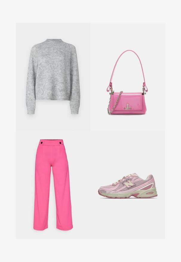 Gai pelēks džemperis ar augstu apkakli, garām piedurknēm un brīvu piegriezumu. Izgatavots no teksturēta adījuma auduma ar vieglām krāsas variācijām.; Spilgti rozā platajās bikses ar gludu tekstūru, ar līdzeno jostu un diviem melniem pogām priekšpusē.; Rozā un biskvītu krāsas New Balance 740 apavi ar tīkla un sintētisko augšdaļu, sasaistes aizdare un mīkstināta zole parādīta sānu profilā.; Rozā lakots ādas rokassomu ar taisnstūrveida formu, atvienojamu ķēdes siksniņu un sudraba aksesuāriem priekšpusē.