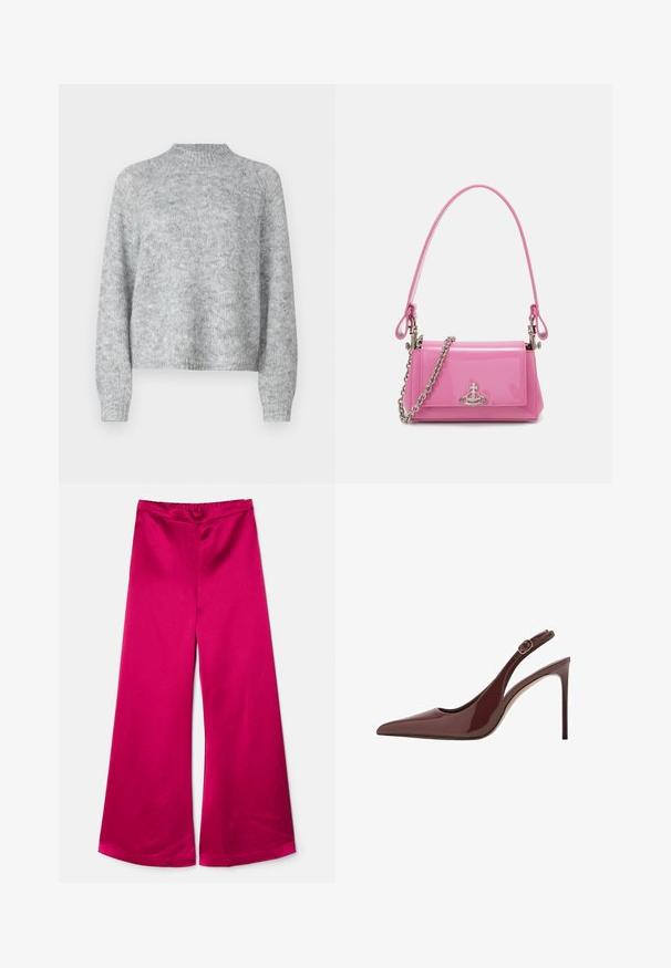 Pulover gri deschis cu guler înalt, mâneci lungi și croială lejeră. Fabricat dintr-un material tricotat texturat cu variații subtile de culoare.; By Malene Birger LUCEE - Pantaloni - wild berries; Pantofi cu toc înalt slingback din piele laică de culoare marron închis, cu vârf ascuțit, curea reglabilă și toc subțire stiletto.; Geantă de mână din piele patent roz, cu formă rectangulară, curea cu lanț detașabil și detalii din metal argintiu pe față.