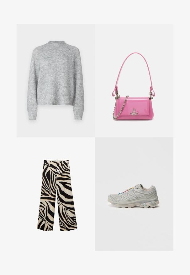 Lichtgrijze trui met hoge nek, lange mouwen en een losse pasvorm. Gemaakt van een textuur gebreide stof met subtiele kleurvariaties.; Zwart-wit zebraprint wijde broek met plooien, met een gladde tekstuur en een hoge taille voor comfort.; Lichtgrijze sportschoen met een gestructureerd mesh bovenwerk, reflecterende accenten, een opvallende profielzool en kleurrijke veters. Heeft een ondersteunend ontwerp.; Roze gepatineerde lederen handtas met een rechthoekige vorm, afneembare kettingriem en zilveren hardware detail aan de voorkant.