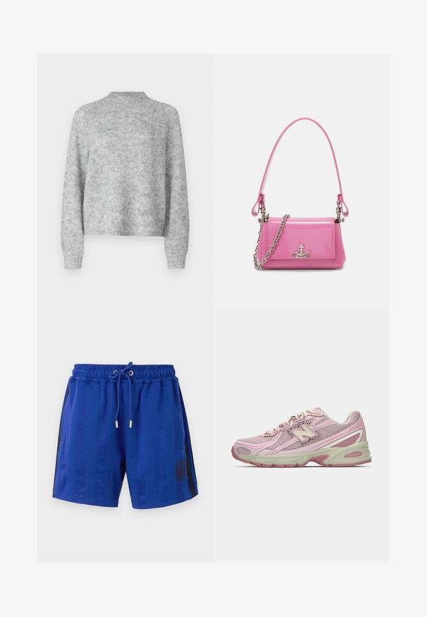 Ανοιχτό γκρι πουλόβερ με ψηλό λαιμό, μακριά μανίκια και χαλαρή εφαρμογή. Φτιαγμένο από υφασμάτινη πλέξη με υπογείες παραλλαγές στο χρώμα.; Μπλε αθλητικά σορτς με ελαστική μέση, κορδόνι, πλάγιες μαύρες ρίγες και σχέδιο λουλουδιού. Απαλή υφή υφάσματος.; Ροζ και μπεζ αθλητικά παπούτσια New Balance 740 με πλέγμα και συνθετικό πάνω μέρος, με σχέδιο δέσιμο και μαλακή σόλα, απεικονισμένα σε πλάγια προφίλ.; Ροζ παρθένο δέρμα τσάντα χεριού με ορθογώνιο σχήμα, αποσπώμενη αλυσίδα και λεπτομέρειες από ασημένιο υλικό στο μπροστινό μέρος.